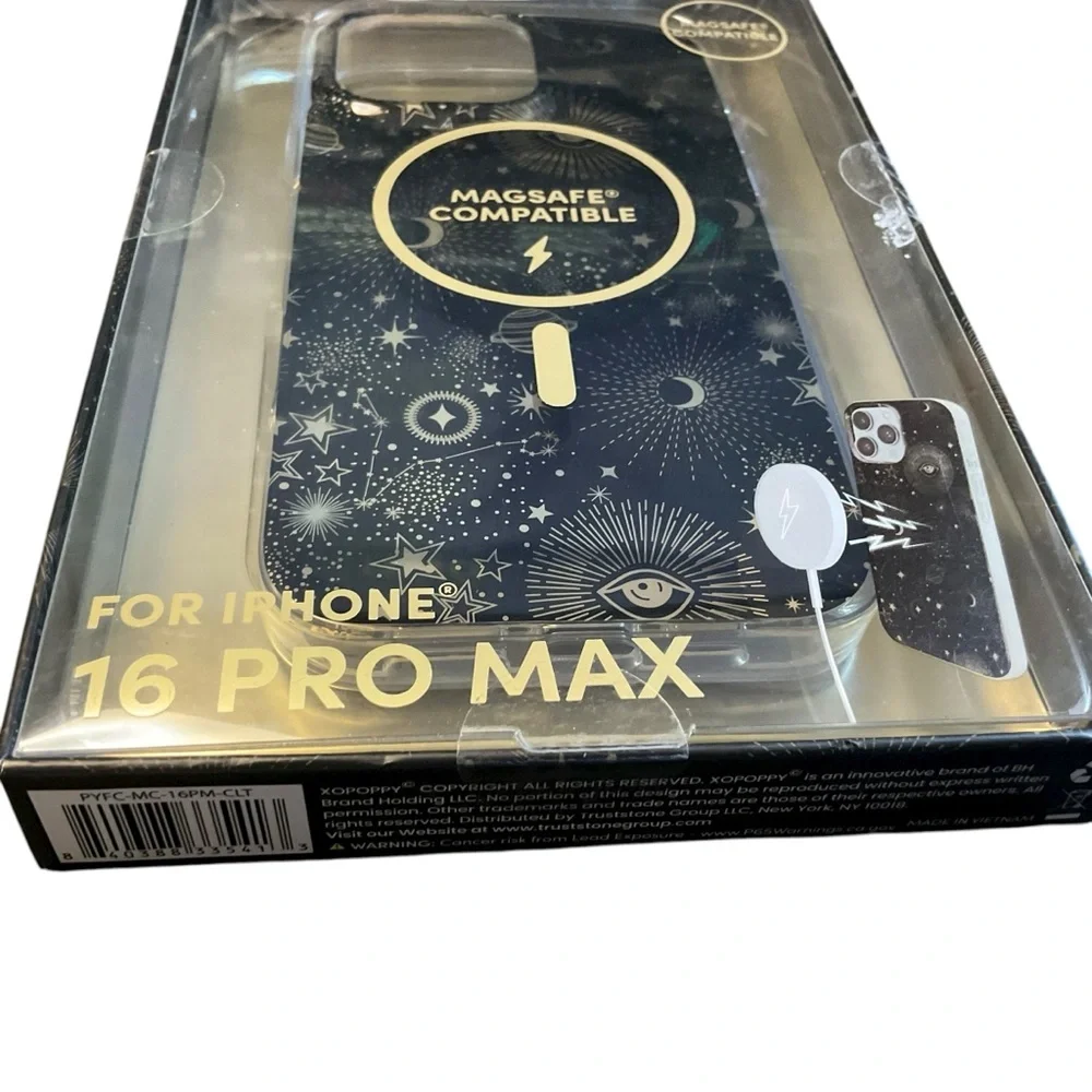 Poppy iPhone 16 Pro Max MagSafe case. Black & metallic celestial design. NIB